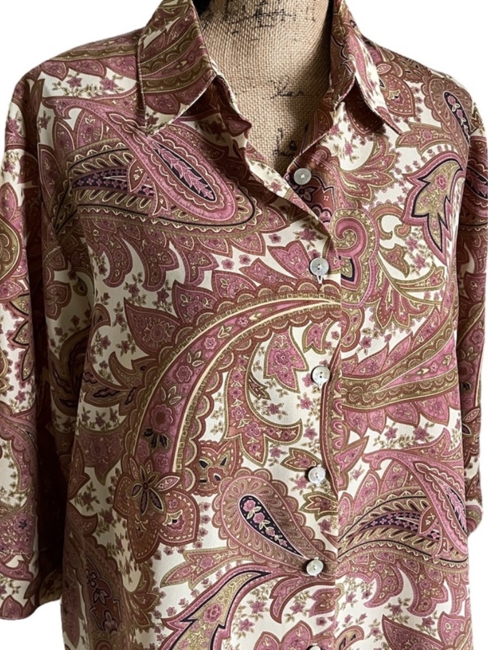 BonWorth Paisley Blouse Button‑Front 3/4 Sleeves Pink & Cream XL - Picture 5 of 16